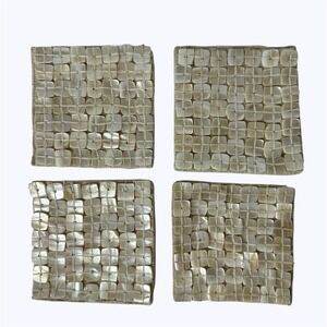 4 Dransfield and Ross Mother of Pearl Shell Tile Coasters Linen Cotton India